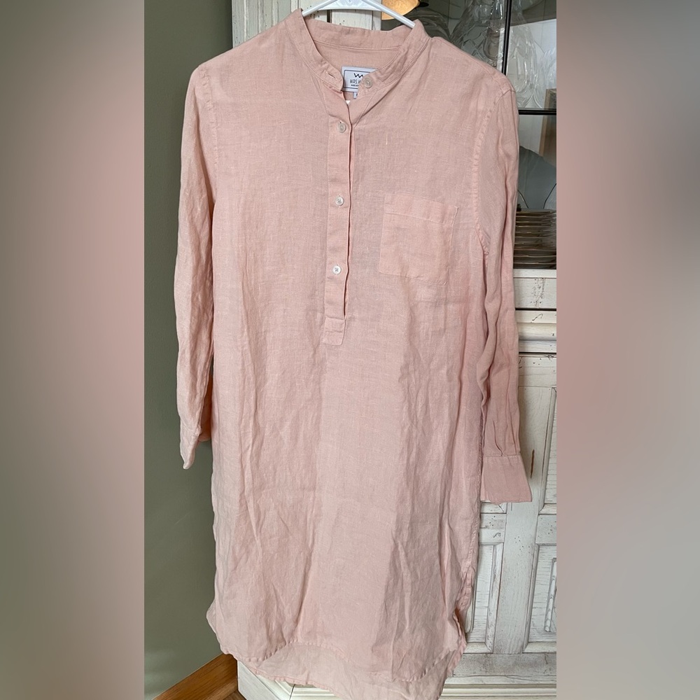 Linen shirt dress pale peach mandarin collar $179 Mr. Mrs. Mood medium